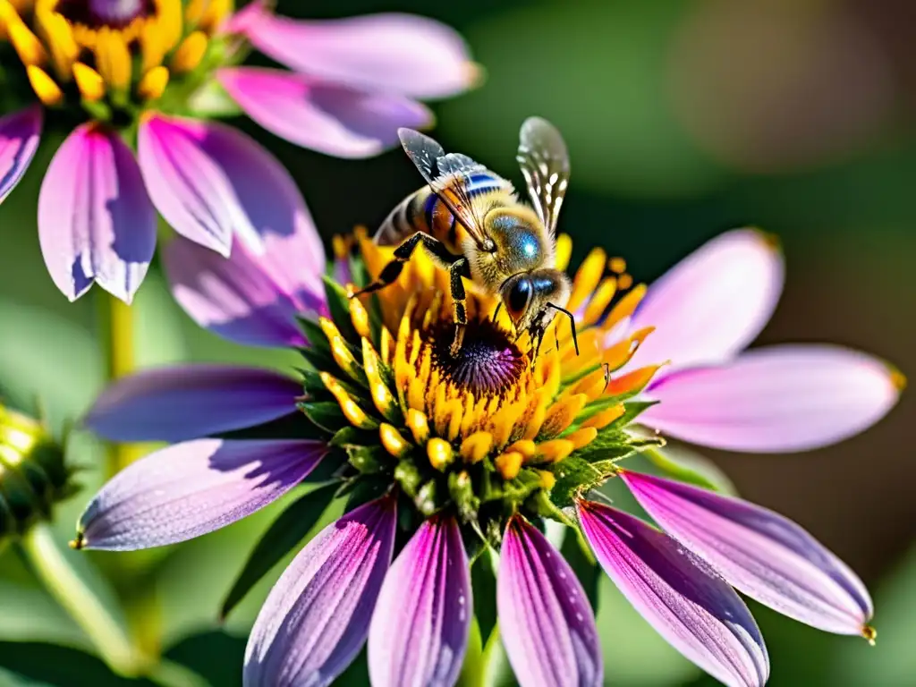 Una abeja se posa en una colorida flor morada en un jardín ecológico, exudando armonía natural