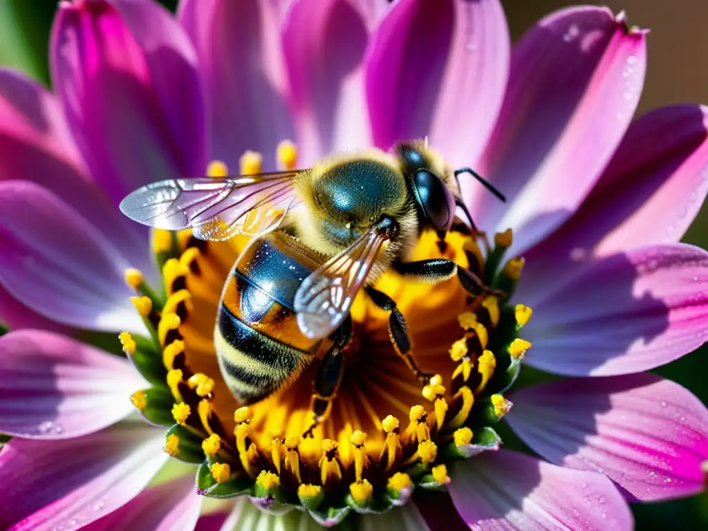 Una abeja cubierta de polen dorado descansa en una flor rosa, mostrando la importancia de los polinizadores en un jardín sostenible