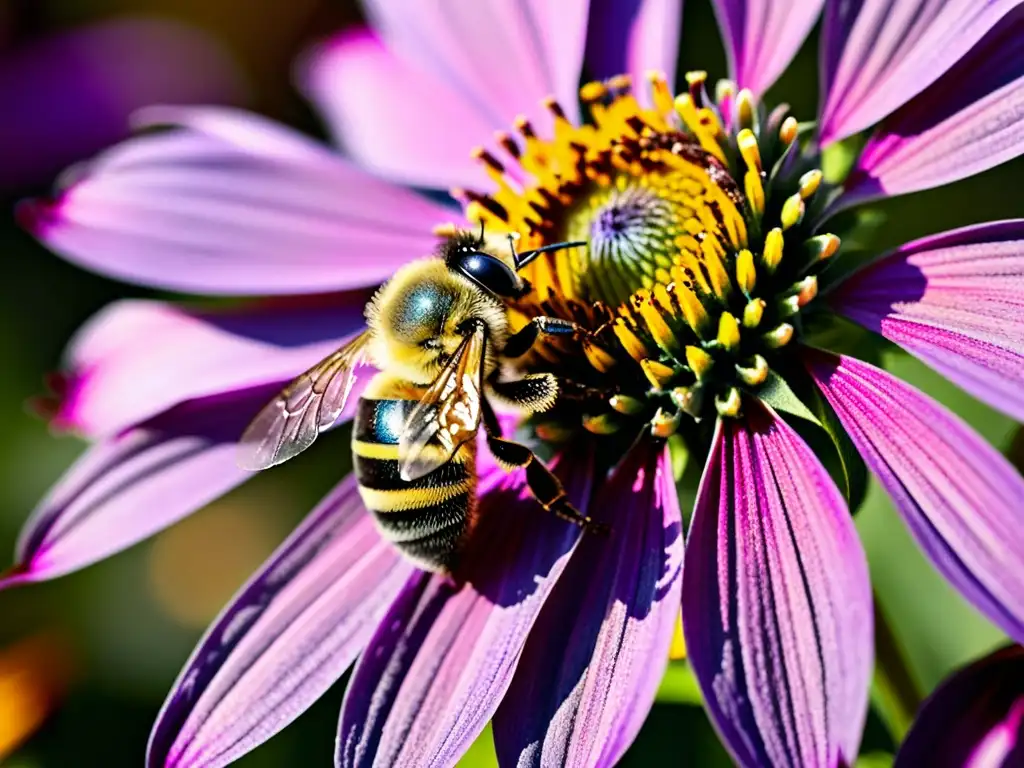 Una abeja cubierta de polen sobre una flor morada destaca la importancia de los polinizadores en un jardín sostenible