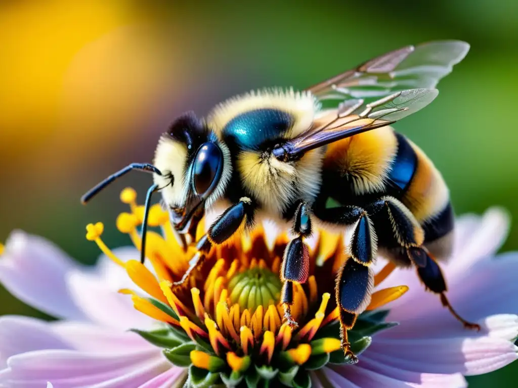 Una abeja recolectando néctar en una flor, resaltando la importancia de los polinizadores en un jardín sostenible