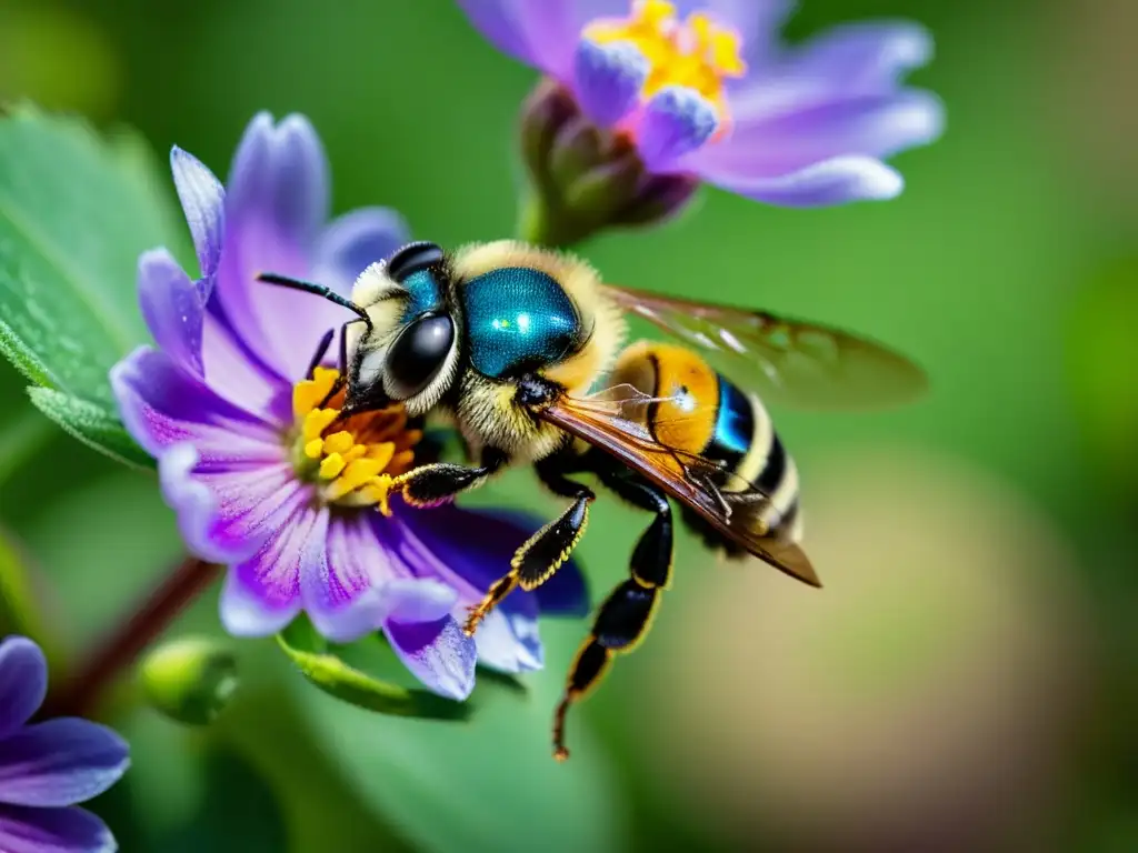 Una abeja nativa poliniza una flor silvestre morada, creando un refugio biodiverso para especies nativas