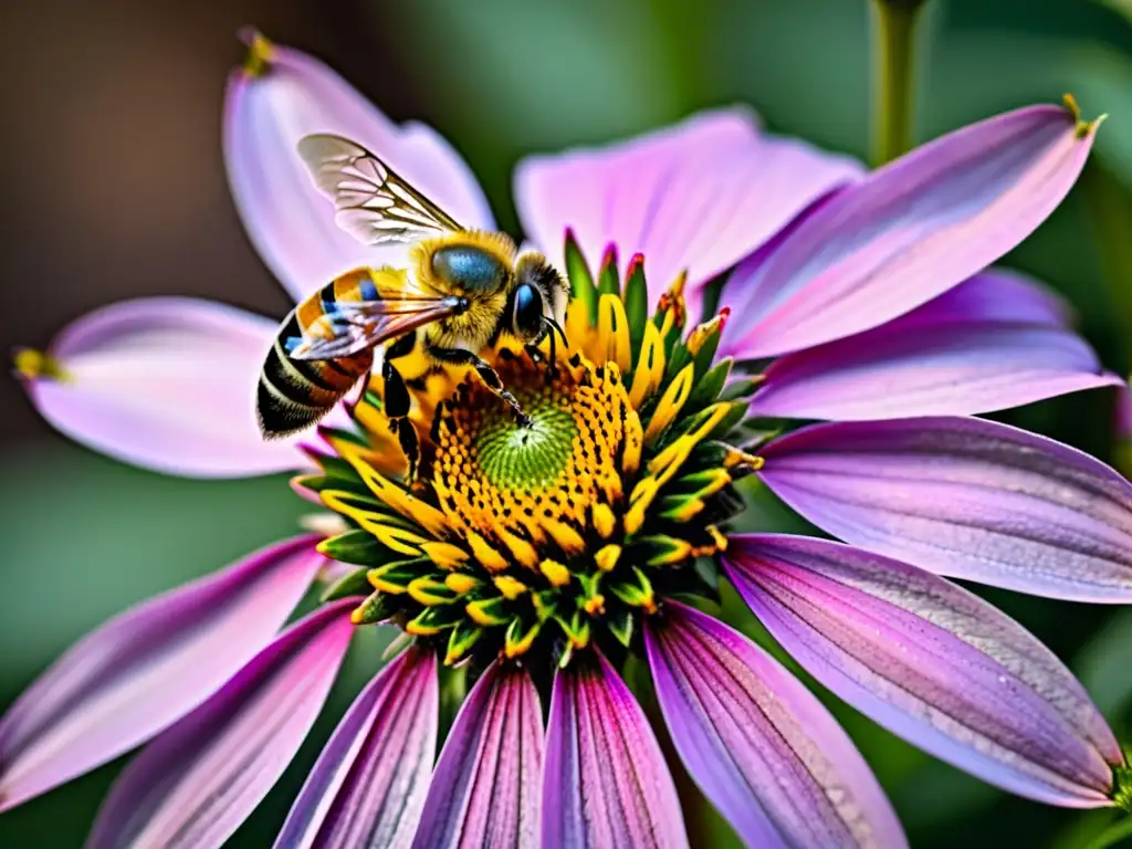 Abeja recolectando polen de una flor morada en jardín ecológico, resaltando la belleza natural y la relación simbiótica entre ambos