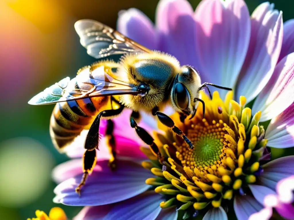 Abejas en jardín ecológico: Detalle fascinante de una abeja cubierta de polen, posada en una flor vibrante con luz suave