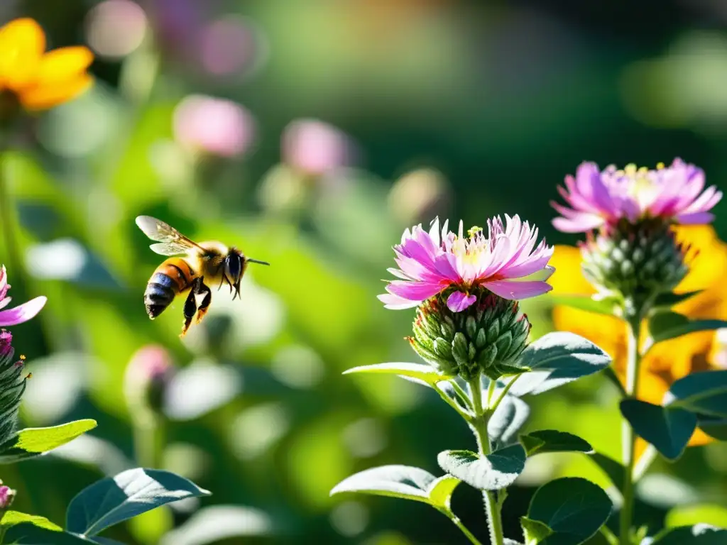 Abejas en jardín ecológico: Flores vibrantes, abejas recolectando néctar bajo el sol, creando un escenario sereno y fascinante