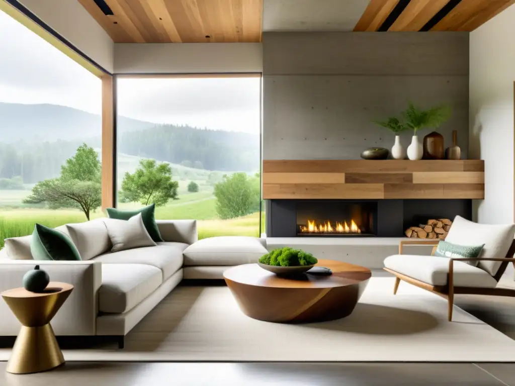 Acabados ecológicos para interiores en sala minimalista con madera recuperada, chimenea de concreto y ventana panorámica hacia paisaje verde