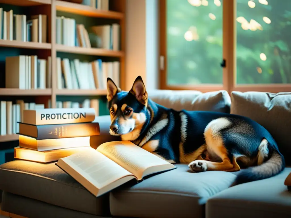 Acogedor hogar con mascota feliz y libros de leyes de protección animal, creando un ambiente de tranquilidad y seguridad para las mascotas