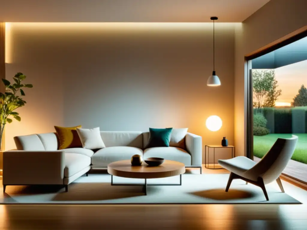 Acogedor salón minimalista con Smart Bulbs para eficiencia energética, iluminando con calidez y elegancia sostenible