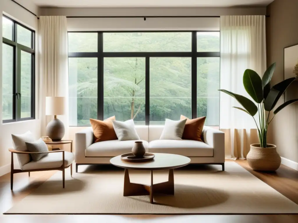 Un acogedor salón minimalista con grandes ventanas cubiertas con cortinas blancas gruesas, dejando pasar suave luz natural