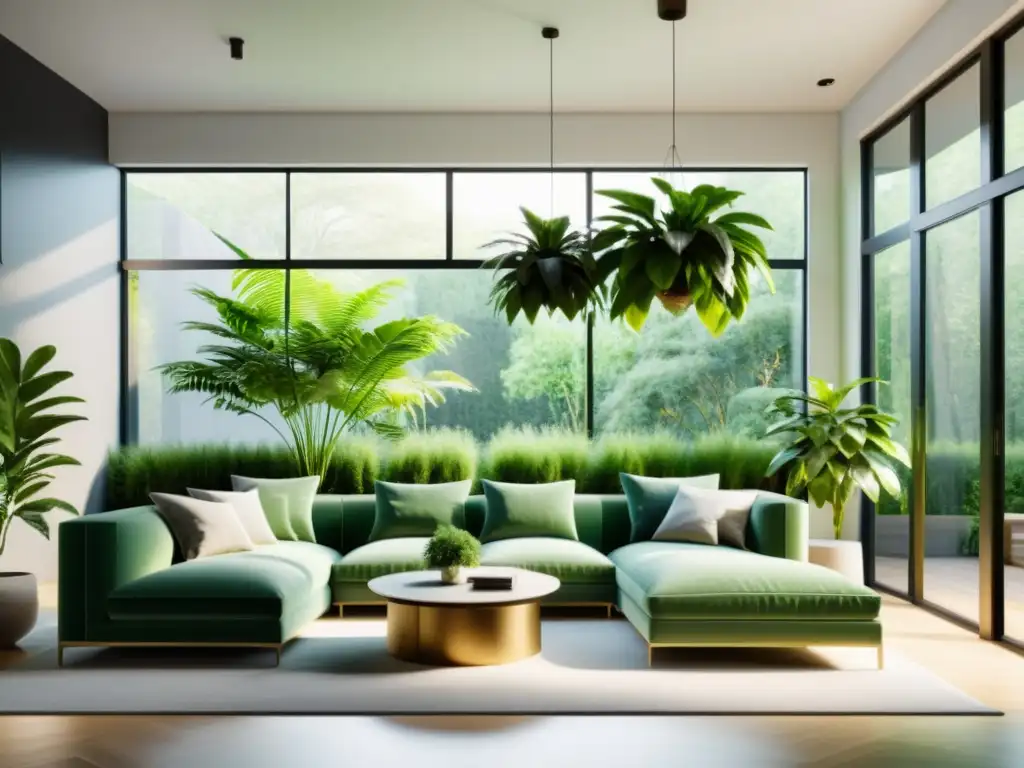 Acogedor salón minimalista con plantas purificadoras aire interior, bañado por luz natural