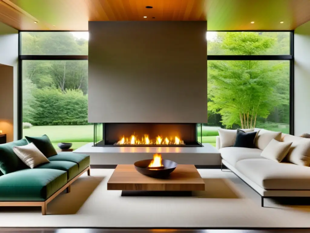 Acogedora sala con chimenea ecoamigable de biocombustibles, diseño moderno, decoración minimalista y vista a paisaje verde