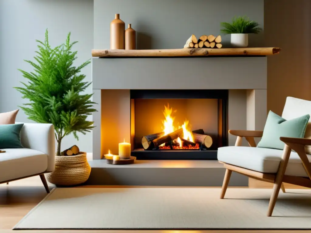 Acogedora sala con chimenea minimalista, leña sostenible, manta cálida, plantas y la serena luz del fuego