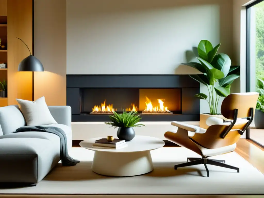 Sala minimalista con chimenea ecológica y decoración sostenible Acogedora sala con chimenea minimalista emitiendo cálida luz dorada, rodeada de decoración moderna y plantas exuberantes