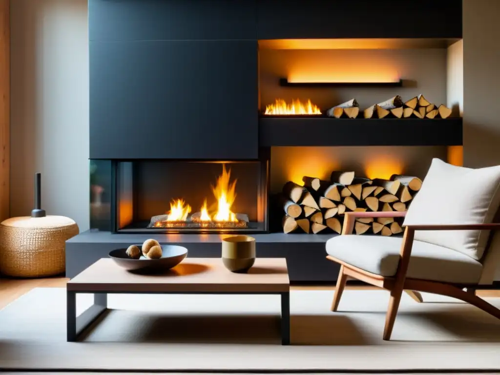 Acogedora sala con chimenea moderna de diseño negro, leña apilada y ambiente cálido