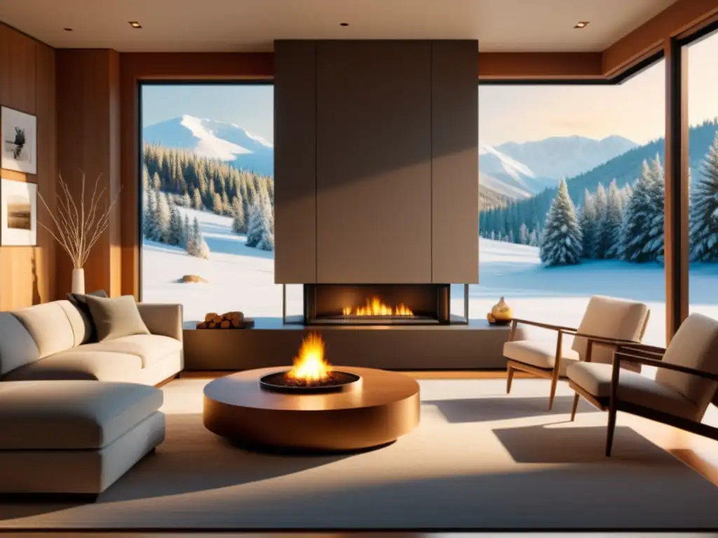 Salón acogedor con chimenea moderna y sostenible Acogedora sala de estar con chimenea moderna de bajo consumo, decoración sostenible y paisaje nevado