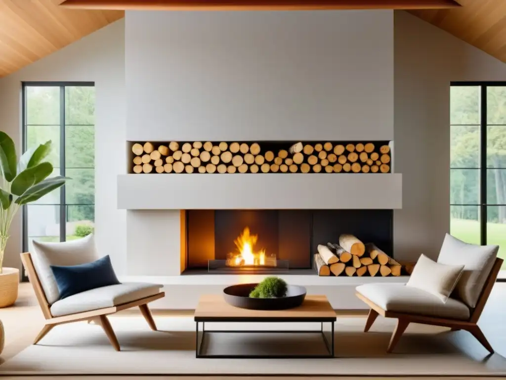 Acogedora sala minimalista con chimenea moderna como punto focal