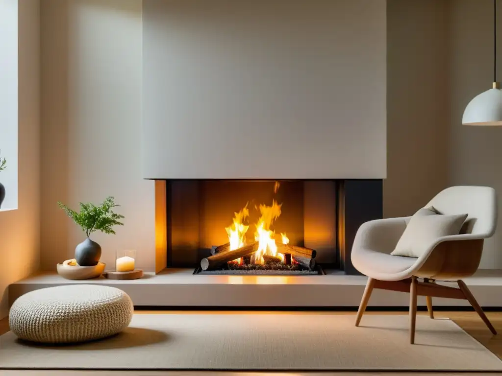 Una acogedora sala minimalista con una moderna chimenea y biocombustibles para calefacción sostenible