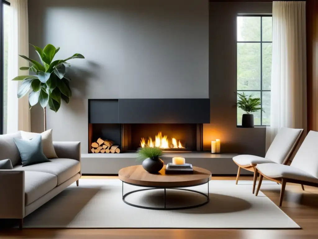 Sala de estar acogedora con chimenea moderna y ecológica Una acogedora sala de estar con una moderna chimenea emitiendo una cálida y brillante llama