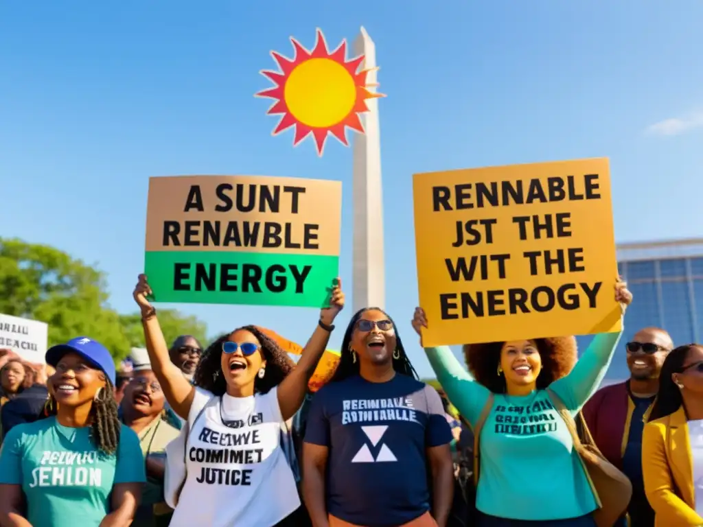 Activistas con pancartas por energías renovables frente a edificio gubernamental bajo el sol