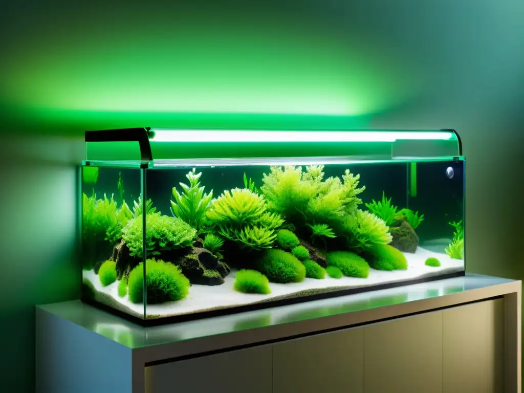 Un acuario moderno con algas verdes vibrantes iluminadas por luz natural, muestra el potencial del cultivo de algas en casa