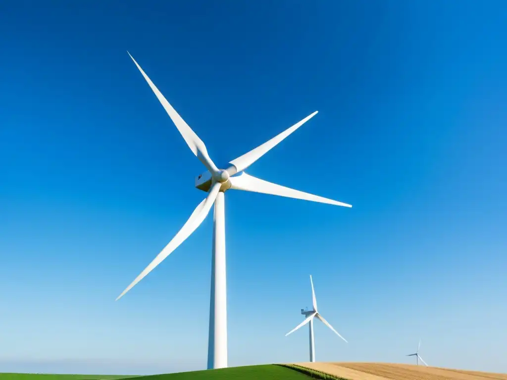 Un aerogenerador moderno se alza en un campo bajo cielo azul, simbolizando la legislación local sobre energía renovable