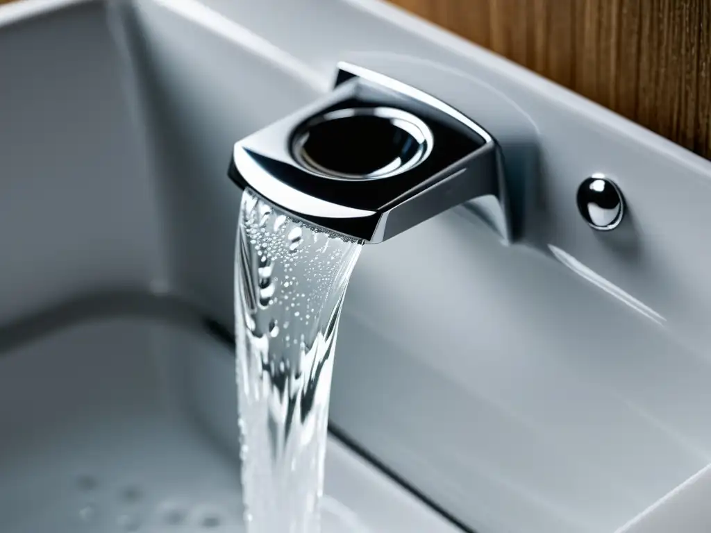 Agua goteando de grifo moderno y elegante sobre un lavabo blanco, reflejando luz