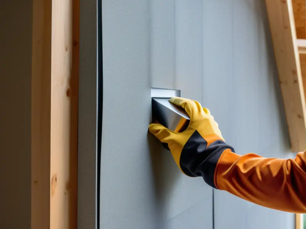 Aislamiento térmico eficiente para hogares: Instalación moderna y precisa de material de aislamiento en una pared residencial, con detalles visibles