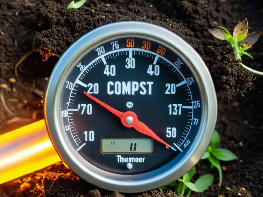 Ajuste de temperatura en compostera sostenible: termómetro insertado en compost rico y oscuro, mostrando detalles y texturas variadas