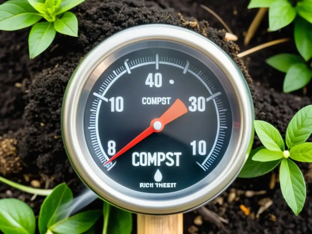 Ajuste de temperatura en compostera sostenible con termómetro en pileta de compost oscuro y vapor, rodeado de plantas verdes