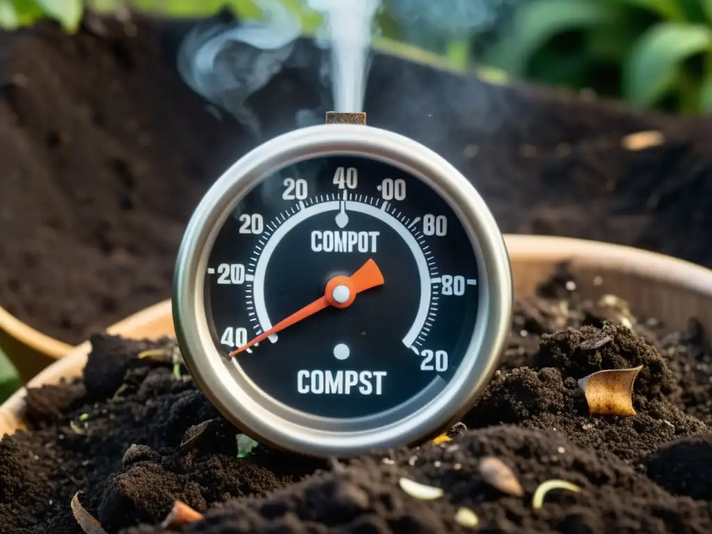 Ajuste de temperatura en compostera sostenible: termómetro insertado en compost rico, con vapor elevándose sobre la pila de compost oscuro y crujiente