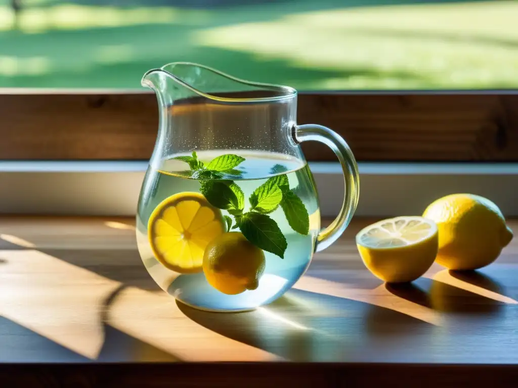 Alegre método natural desinfección agua casa: jarra con agua, menta y limón sobre mesa de madera bañada por luz solar