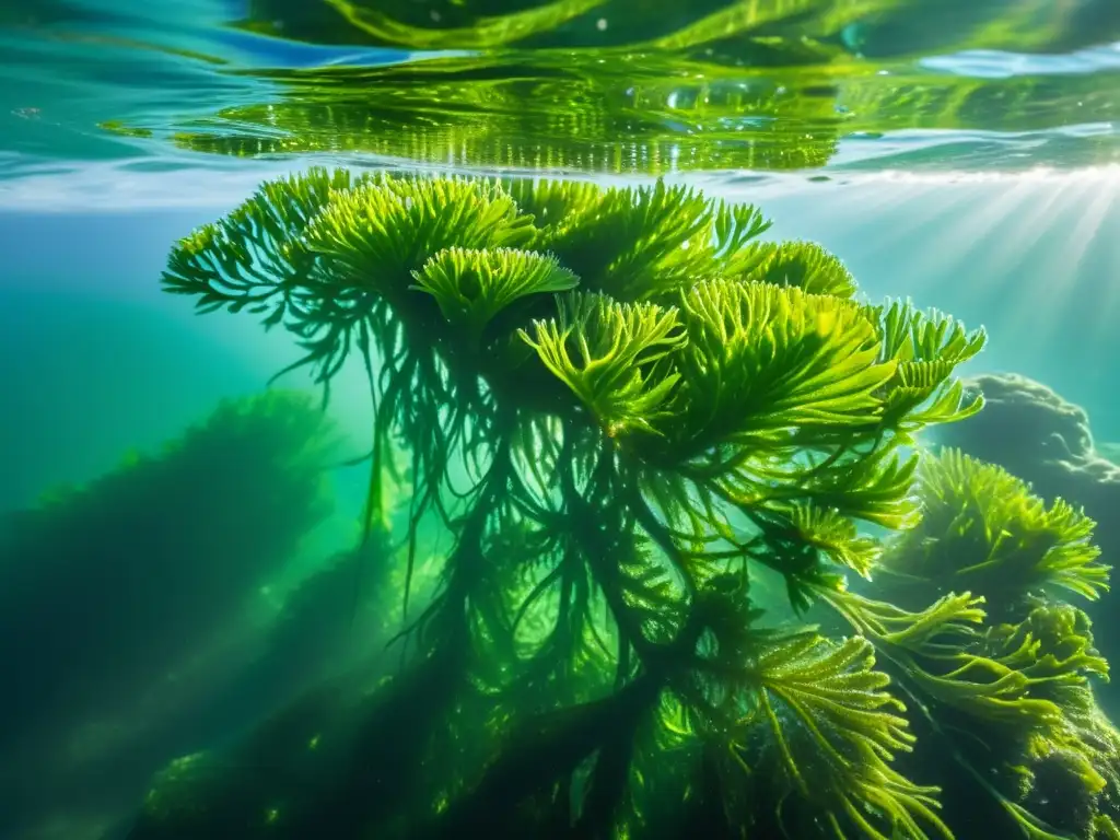 Algas marinas verdes vibrantes, en agua cristalina, con patrones y texturas detalladas