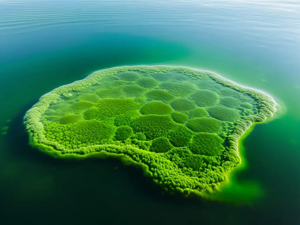 Algas verdes vibrantes flotando en agua cristalina, con cada célula visible