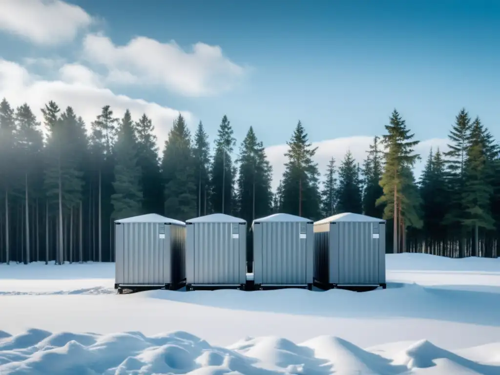 Almacenamiento de energía en climas fríos: Un paisaje nevado con unidades de almacenamiento de energía en un bosque invernal