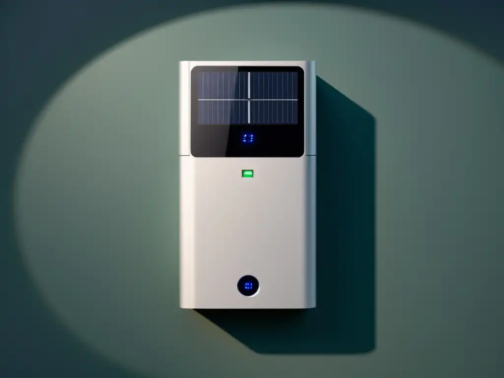 Almacenamiento de energía para hogar sostenible con baterías alineadas y panel solar, en tonos modernos