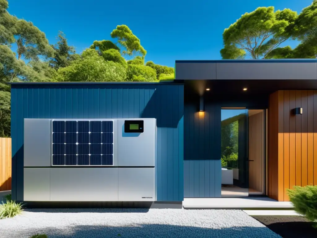 Almacenamiento de energía para hogar sostenible: Moderno sistema integrado con paneles solares, diseño minimalista y en armonía con el entorno residencial