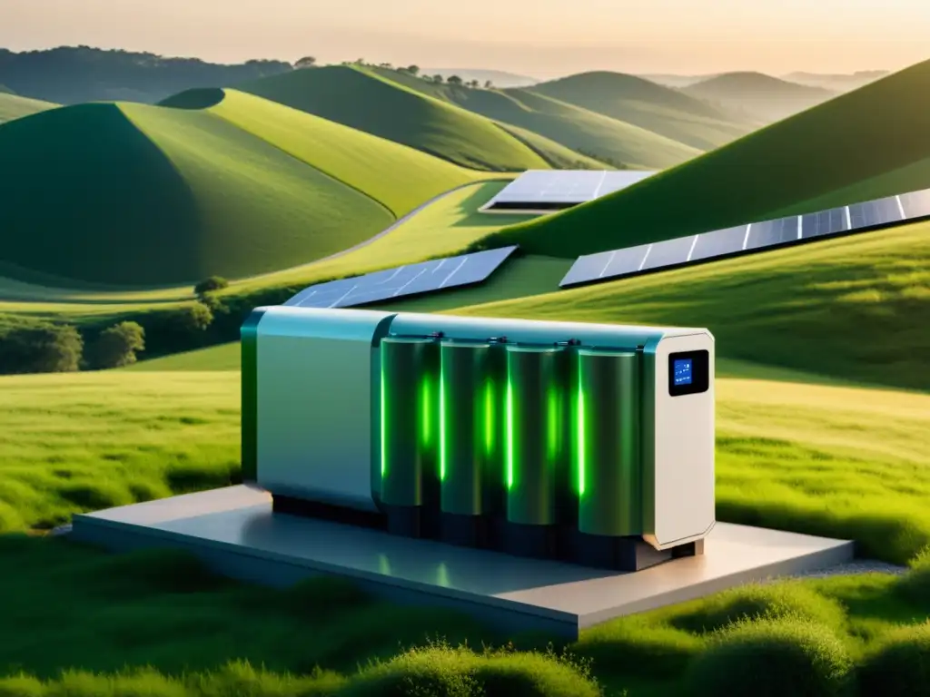 Almacenamiento de energía sostenible con IA: Sistema de baterías futurista integrado con la red inteligente en un paisaje verde bañado por el sol