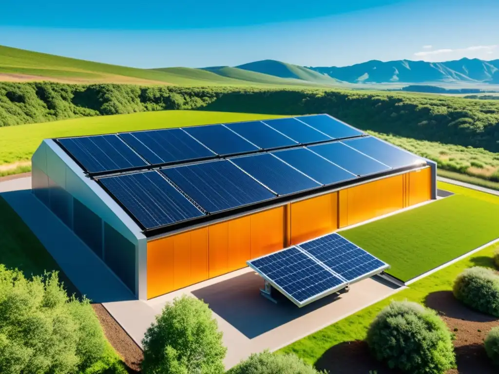 Almacenamiento solar sostenible innovador: Instalación futurista de energía solar en armonía con la naturaleza, bañada por la luz del sol