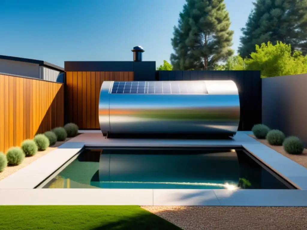 Almacenamiento térmico para piscinas sostenible integrado en un elegante patio moderno, con paneles solares y tanques de almacenamiento térmico