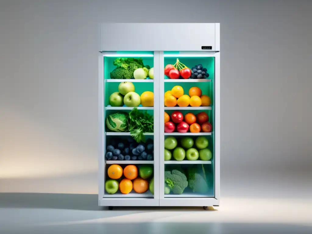 Almacenamiento térmico para refrigeración renovable: unidad blanca minimalista llena de frutas y verduras coloridas, iluminada con luz suave y natural