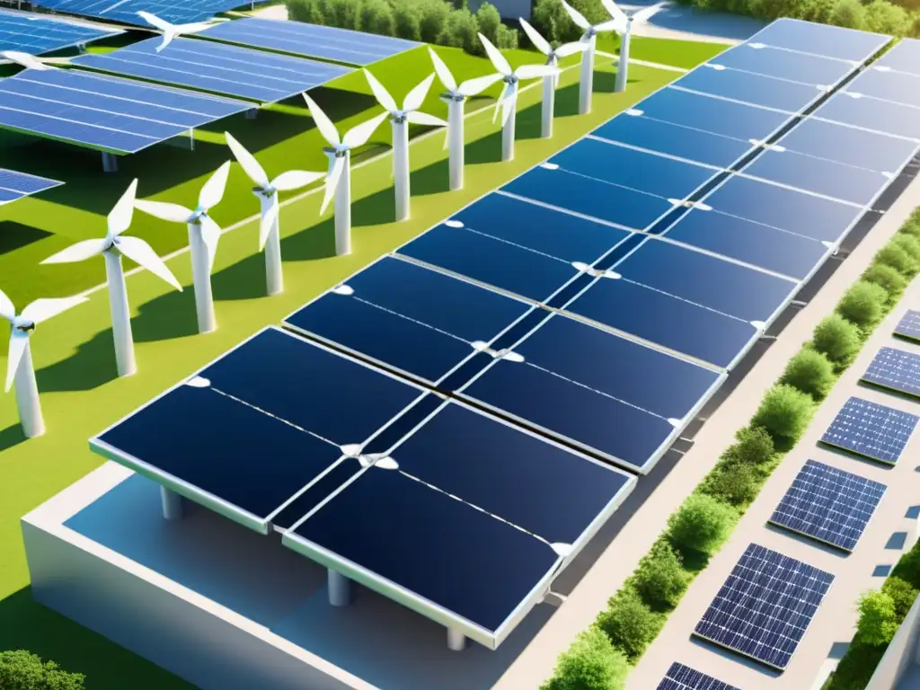 Microgrids como alternativa energética sostenible: Imagen detallada de un sistema moderno de microred, con unidades de almacenamiento de energía, paneles solares y turbinas eólicas integradas en un paisaje urbano limpio y futurista