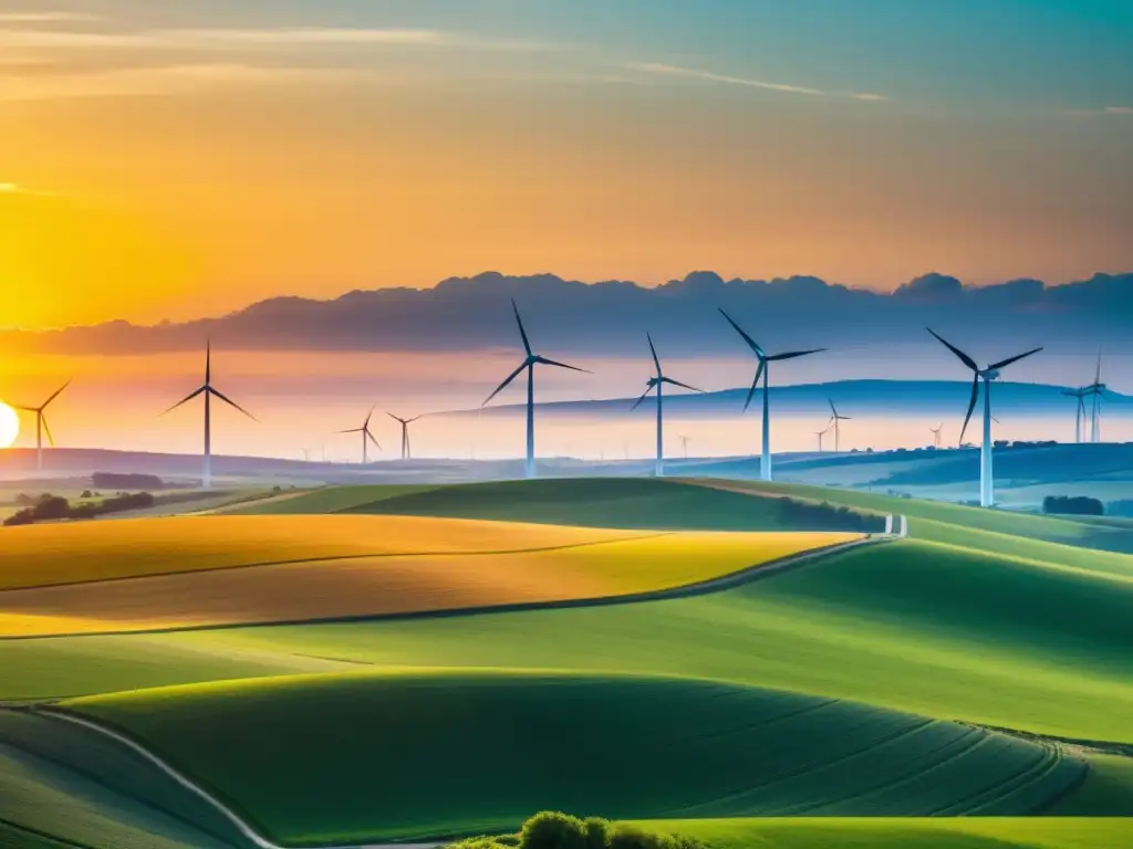 Un amanecer sobre un paisaje sereno con campos verdes y turbinas eólicas, inspirando esperanza en un futuro renovable