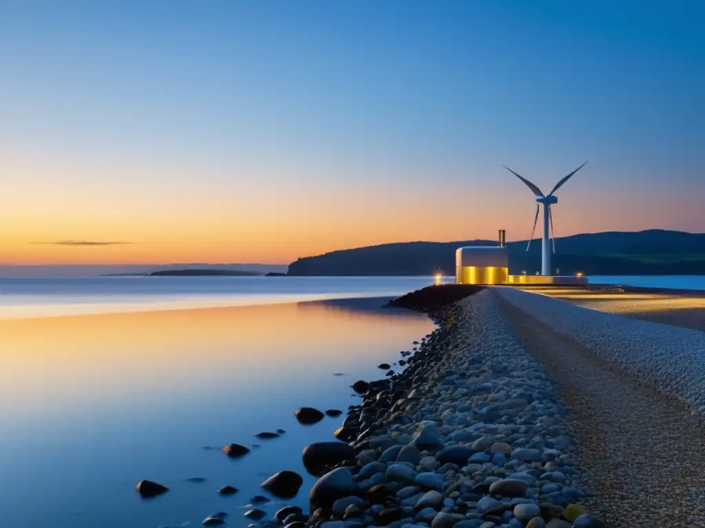 Un amanecer sereno en la costa con una planta de energía de mareas en armonía con la naturaleza, evocando aplicaciones de energía de mareas