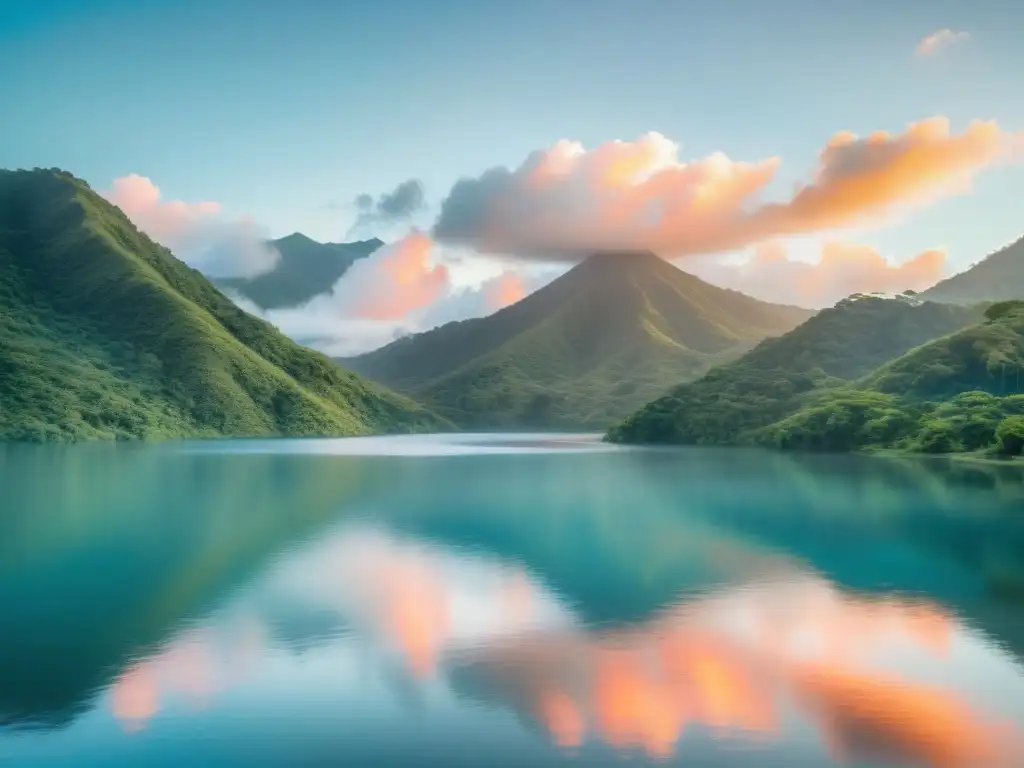 Un amanecer sereno en Costa Rica con montañas verdes y un lago tranquilo