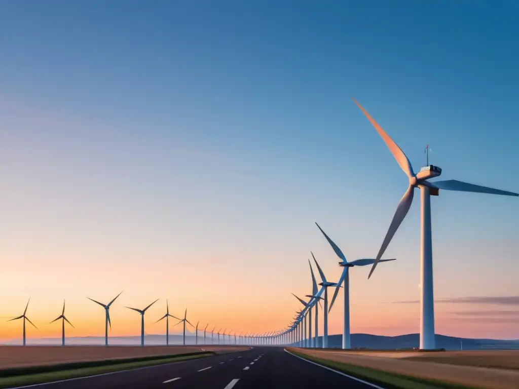 Un amanecer sereno en un parque eólico, con filas de turbinas blancas que se extienden hacia el horizonte, reducción de CO2 en China y la UE