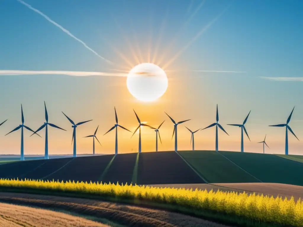 Un amanecer tranquilo sobre un campo de turbinas eólicas, simbolizando la armonía entre la energía renovable y la naturaleza