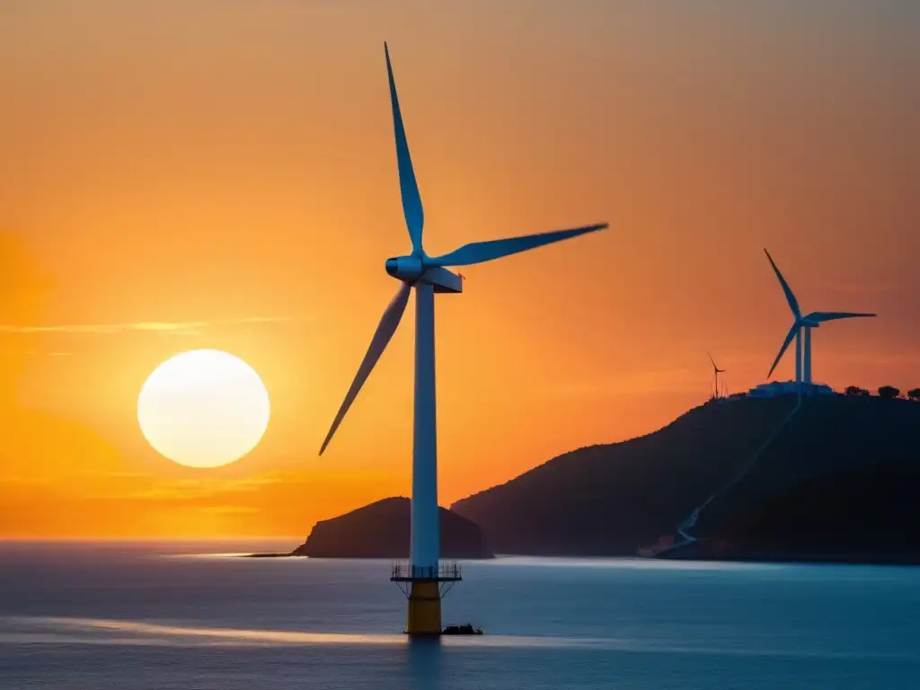 Un amanecer vibrante sobre el océano con una torre eólica offshore