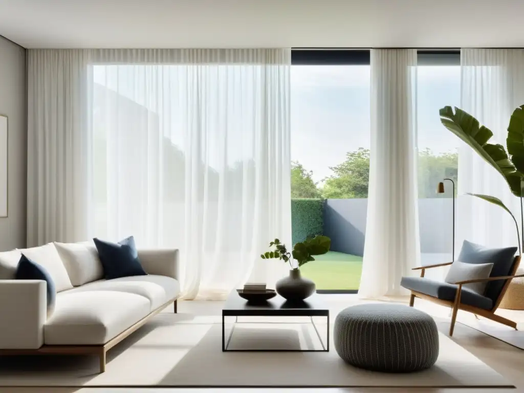 Un ambiente minimalista y sereno, con cortinas blancas que dejan entrar suave luz natural