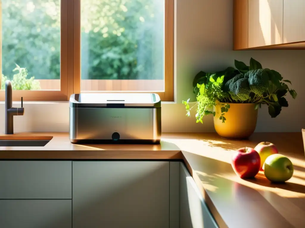 Un ambiente sereno de cocina moderna con un compostero elegante al lado de una encimera llena de frutas y verduras frescas