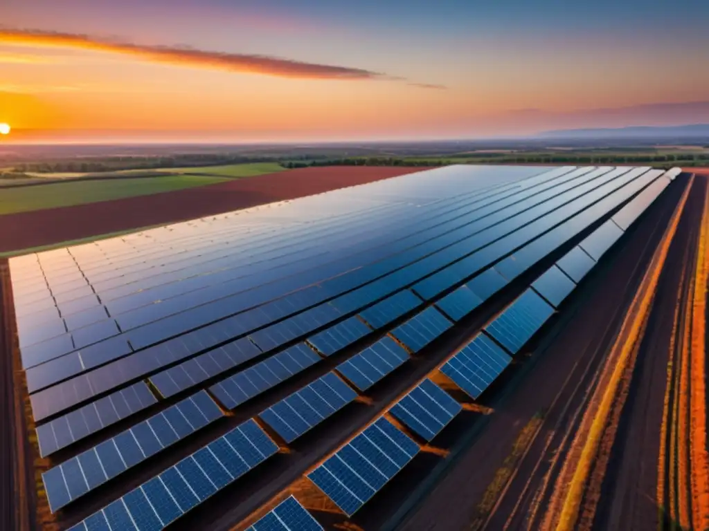 Amplia granja solar al atardecer, con paneles fotovoltaicos reflejando el cálido cielo