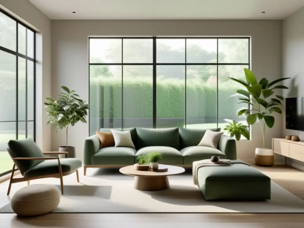 Amplia sala de estar minimalista con luz natural, muebles modernos y plantas, promoviendo calma y tranquilidad